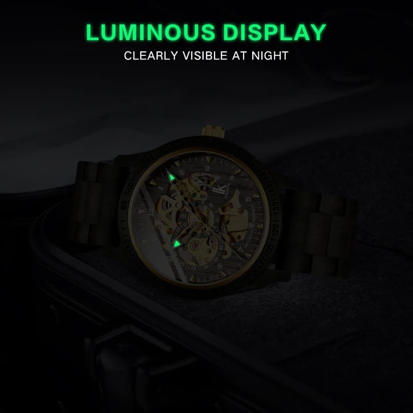 IK COLOURING Men's Watches Luxury Mechanical Wooden Case Skeleton Lumious Automatic Self-Winding Lightweight Genuine Leather Bracelet/Wood Band Wrist Watch