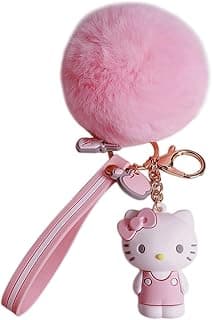 Cute Keychains for Girls, Kawaii Pom Pom Fuzzy Key Chain Accessories Wristlet Cartoon Keychain