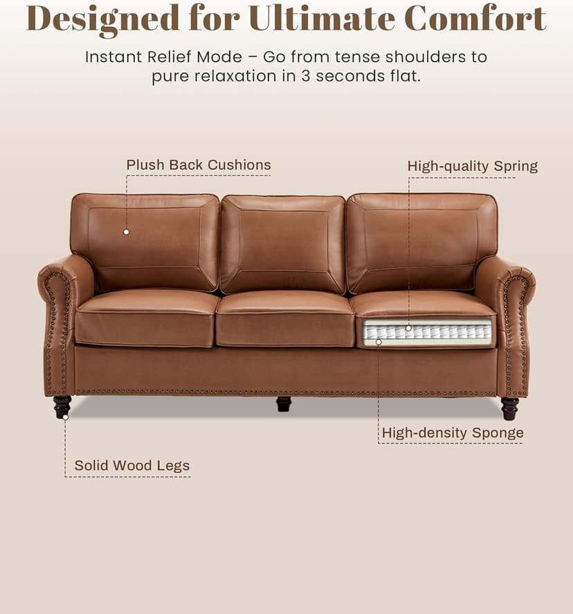 Kingfun Mid-Century Modern Couch, Faux Leather Sofa, 3 Seater Couch for Living Room with Rolled arms & Nailhead Trim, Brown