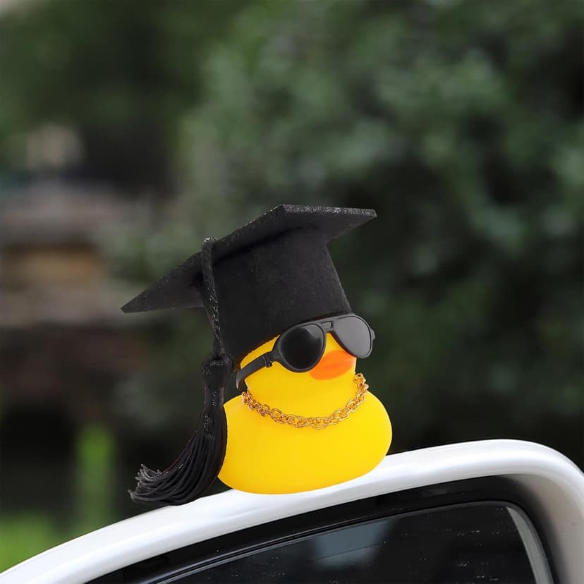wonuu Car Dashboard Decor Graduation Hat Rubber Duck, Car Ducks Ornaments with Mini Hat Necklace Sunglasses Scarf (Black) B0CSYPZJK4