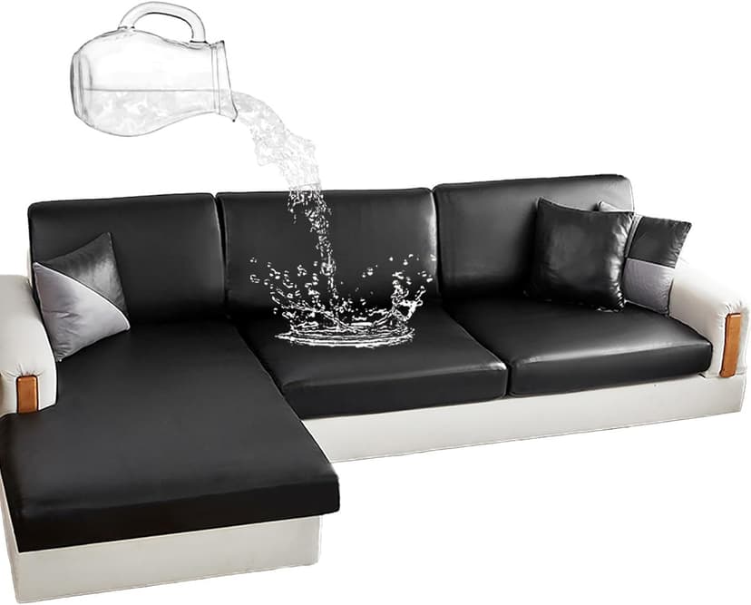 CLGTY Waterproof Couch Cushion Covers for Sofa, PU Leather L-Shaped Seat Cushion Cover Individual Separate Sectional Sofa Slipcovers Form Fitted for Cat Dog-Black-Chaise seat