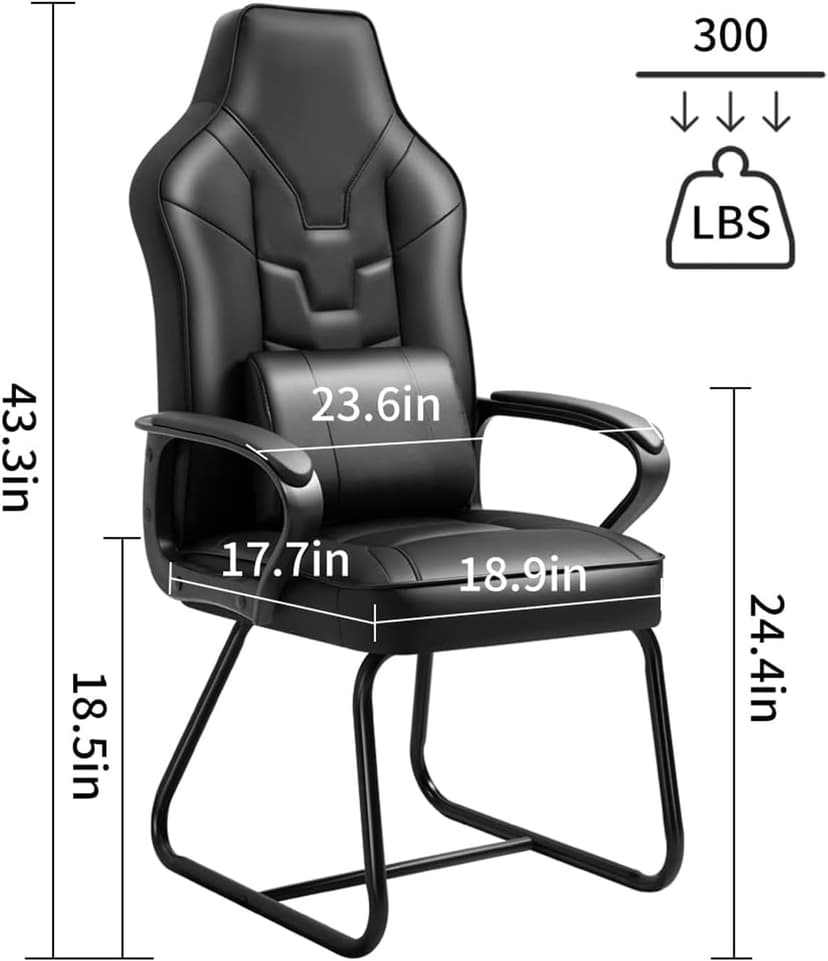 Leather Office Guest Chair No Wheels High Back Computer Reception Chairs with Padded Arms Waist Pillow for Gaming Meeting Conference Waiting Room, Black