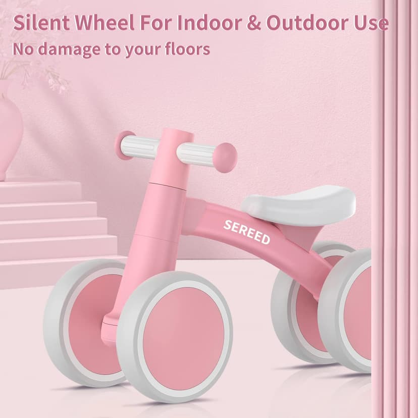 12-24 Months Toddler Bike, First Learning Ride on Toys, 4 Silent Wheels Indoor Outdoor Baby Walker, Pink New SEREED Baby Balance Bike for 1 Year Old Boy Girl, First Birthday Gift Toy B0B38JGP21
