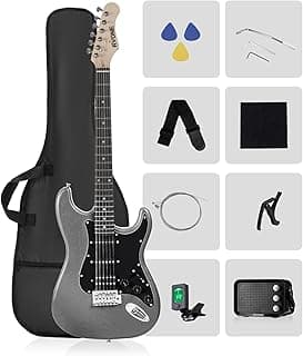 RVONE RST-150 39" Beginner Electric Guitar Kit with Amp & HSS Pickups | Complete Starter Set for Newcomers w/Essentials | Gig Bag, Extra Strings, Digital Tuner, Capo, Strap | Home Practice (Black)