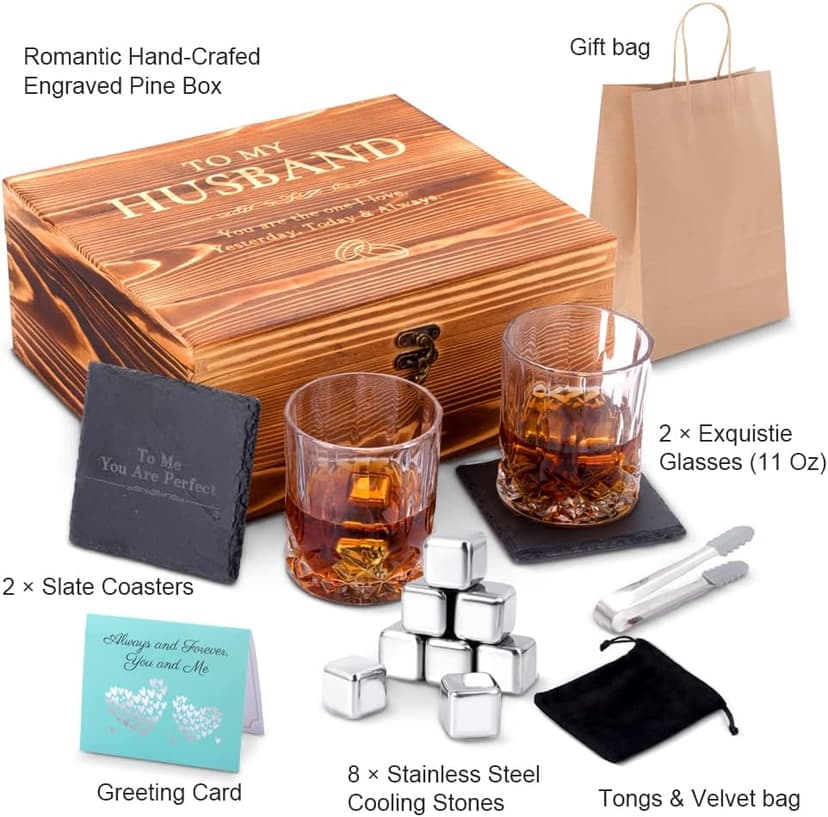 Whiskey Stones Gift Set Anniversary Gi fts for Husband | Him | Men, Husband Birthday | Wedding Anniversary | Valentine's Day Gift, 8 Stainless Steel Whiskey Stones & 2 Whiskey Glasses(11oz)