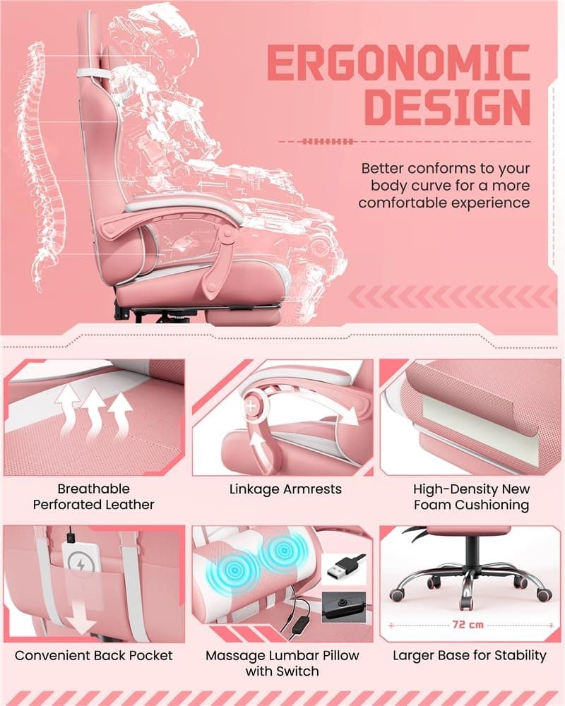 Yaheetech Gaming Chair, Video Game Chair with Massage Lumbar Support and Footrest Height Adjustable Ergonomic Computer Chair with Swivel Seat and Headrest, Pink/White