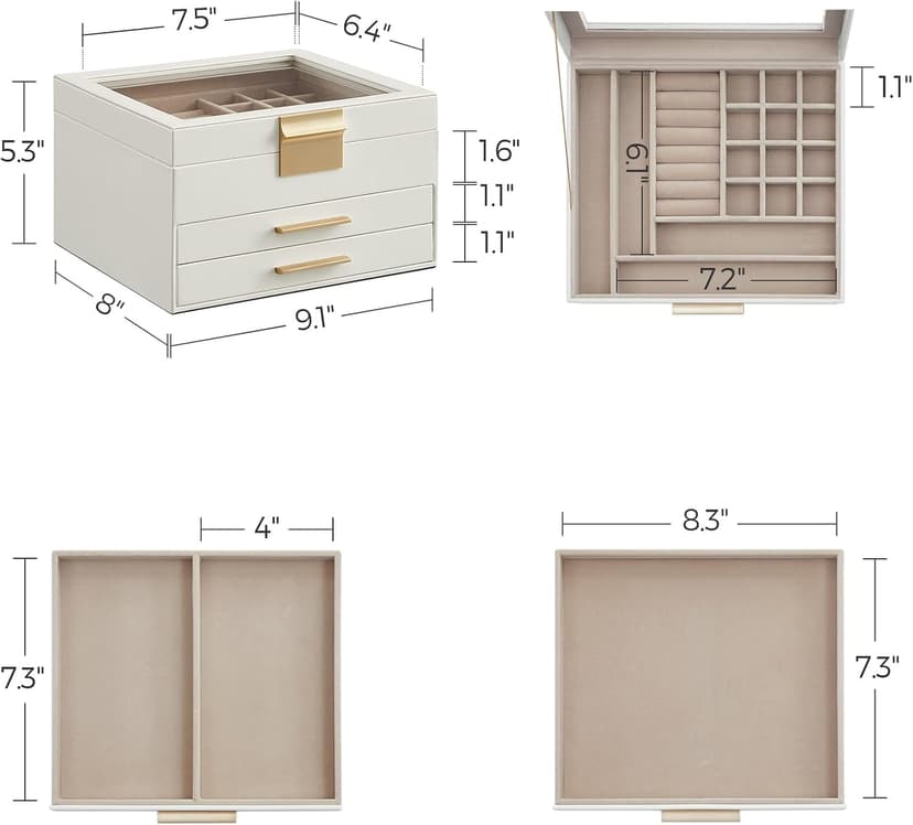SONGMICS Jewelry Box Organizer with Glass Lid, 3-Layer Jewelry Storage, with 2 Drawers, Modern Style, Christmas Gift, 8 x 9.1 x 5.3 Inches, Cloud White and Gold Color UJBC239WT