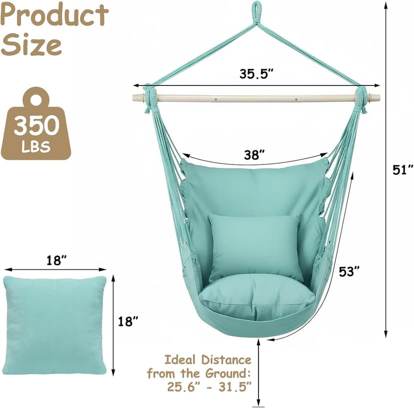 Athena Collection Hammock Chair Hanging Rope Swing Chair with 2 Cushions, Max 350 Lbs, Hanging Macrame Chair with Anti-Slip Grooves Spreader Bar and Pocket for Outdoor Indoor Patio Yard, Green
