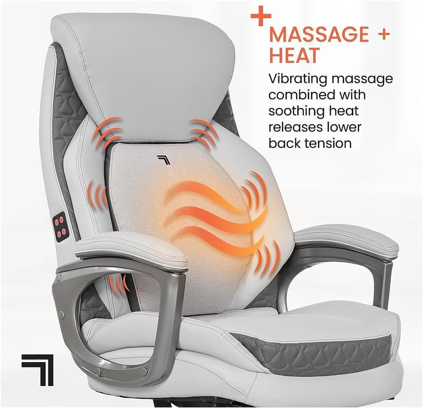 Sharper Image S600 Active Lumbar Ergonomic Bonded Leather Swivel Executive Massage Chair, White/Gray