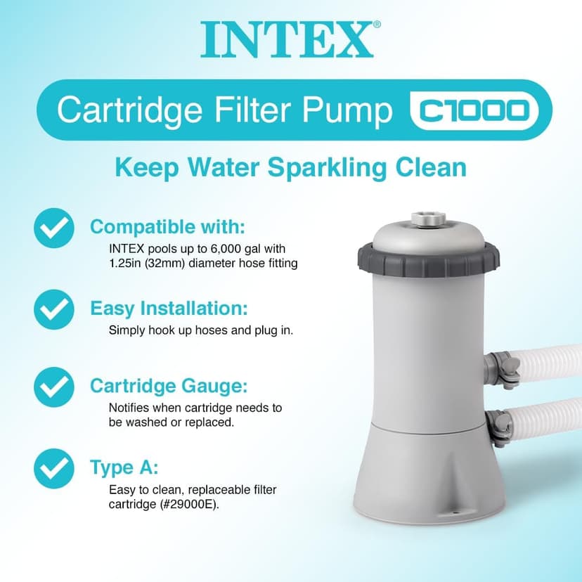 INTEX C1000 Krystal Clear Cartridge Filter Pump for Above Ground Pools: 1000 GPH Pump Flow Rate – Improved Circulation and Filtration – Easy Installation – Improved Water Clarity – Easy-to-Clean