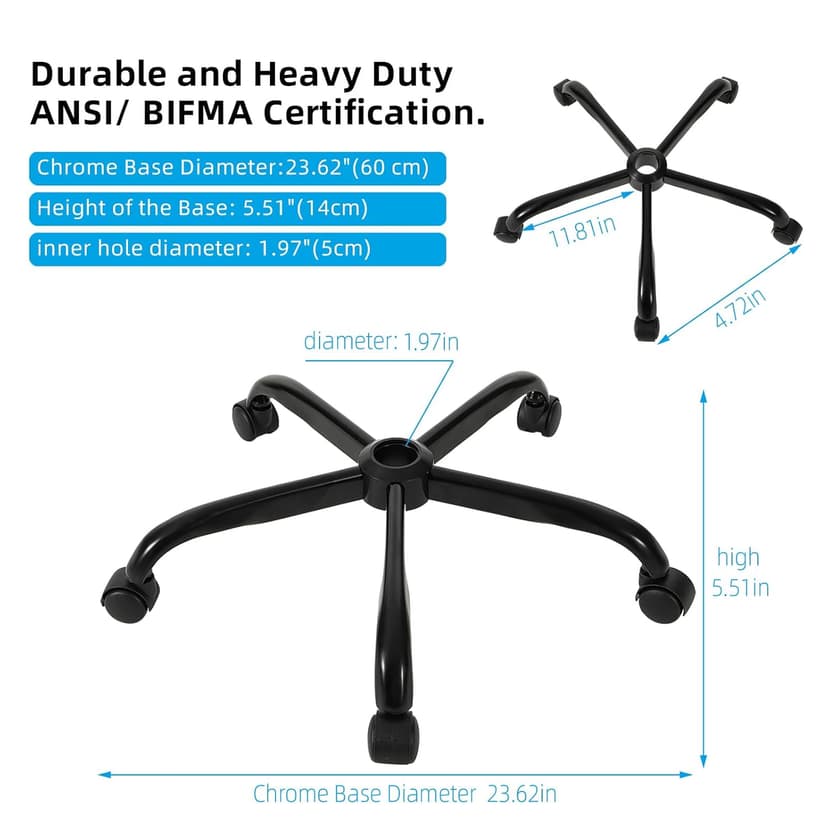 28 Inch Heavy Duty Office Chair Base with 5 Casters, Reinforced Metal Chair Feet, Universal Gas Cylinder Fit, for Swivel/Computer/Criss Cross Chairs