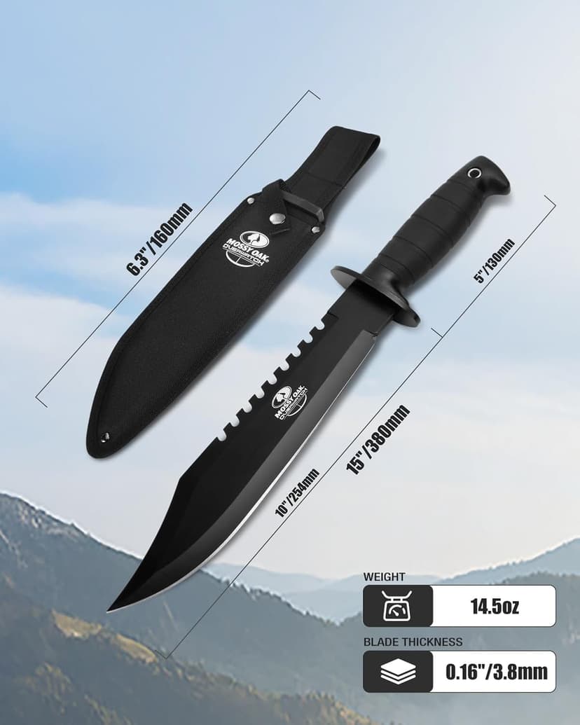 Mossy Oak Survival Hunting Knife with Sheath, 15-inch Fixed Blade Tactical Bowie Knife with Sharpener & Fire Starter for Camping, Outdoor, Bushcraft