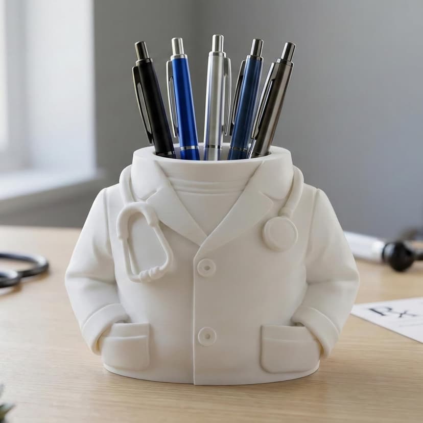 3D Printed Doctor Coat Pen Holder - Realistic Medical Desk Organizer with Stethoscope, White Doctor Sculpture Pen Cup for Office, Nurse, Medical Student Gift 5.9" x 3.5" x 4.3" (Male Doctor Style) B0GJZP6NRS