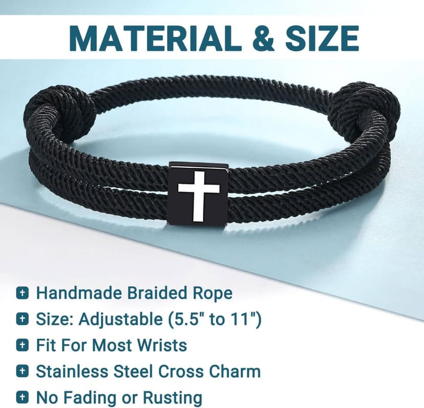 UNGENT THEM Men Adjustable Rope Cross Bracelet - Easter Christmas Christian Baptism Birthday Gifts for Teens