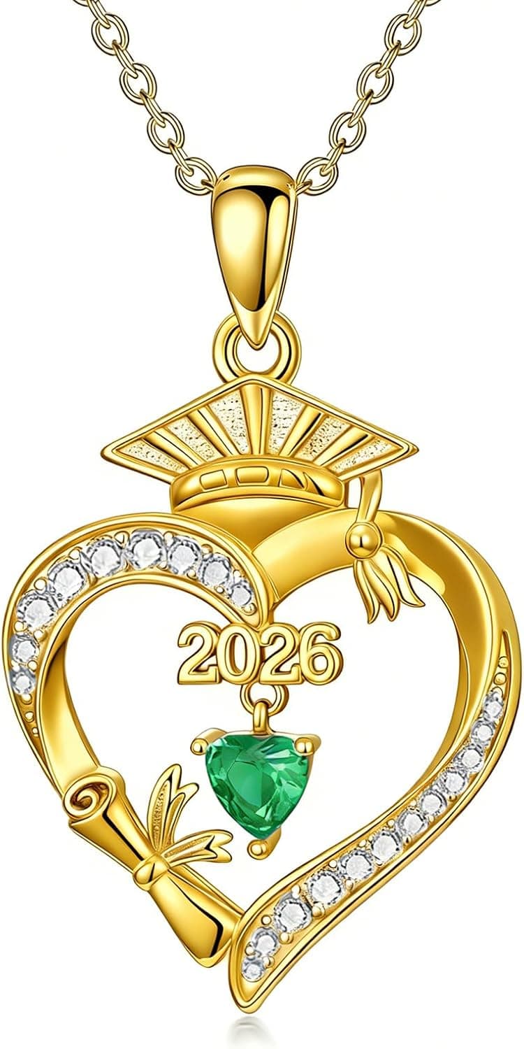 Graduation Gifts for Women Her, 18K Gold Heart Birthstone Necklace, Inspiring Grad Pendant College Seniors High School Graduations Jewelry Gifts B0H98Q1TH9