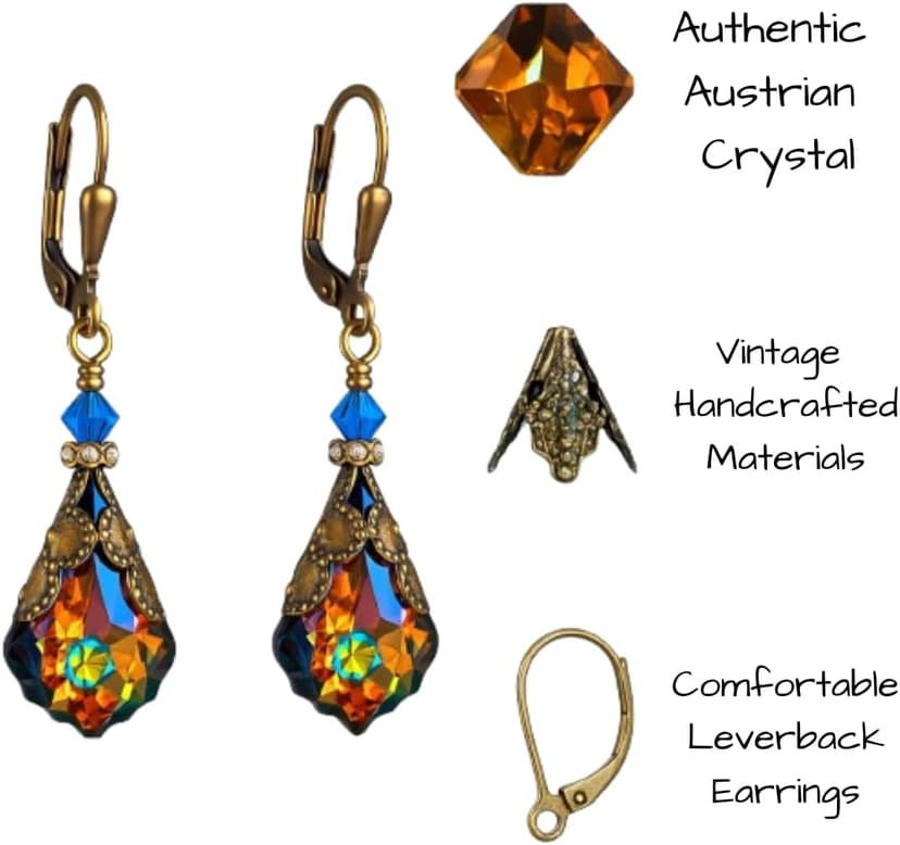 HisJewelsCreations Antique Inspired Vintage Victorian Dangle Drop Earrings for Women - Colored Austrian Crystal Leverback Earrings - Jewelry Gift for Her
