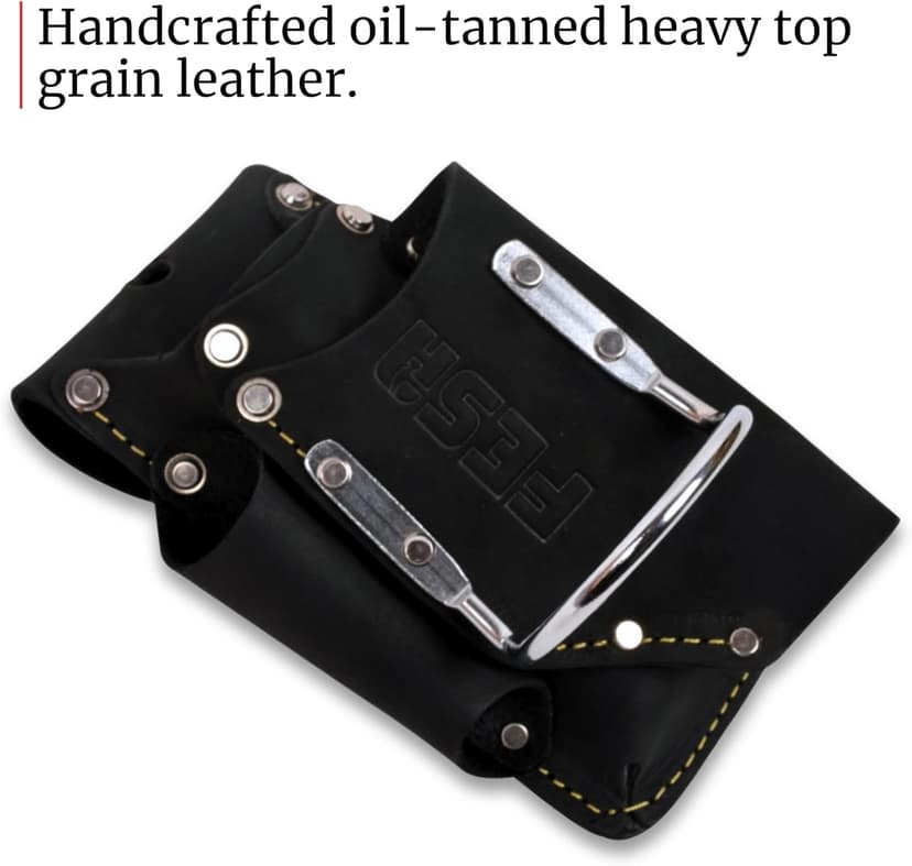 FESA Small Leather Tool Pouch - 5-in-1 Heavy Top Grain Leather Small Tool Pouch with a Steel Hammer Loop, 4 Pockets & Reinforced Heavy Duty Rivets - Fits Belts up to 3" - Handcrafted