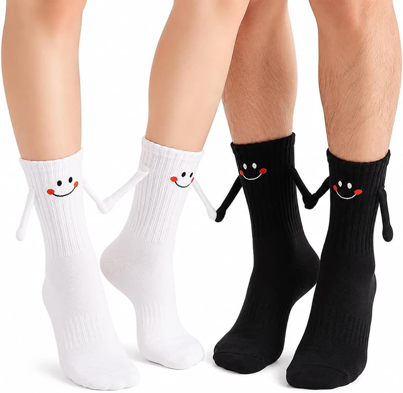 Soft cotton blend, funny 3D holding hands design. Perfect novelty matching socks gift for couples, lovers, and friends. Magnetic Holding Hands Socks for Couples, Cute Novelty Crew Socks B0DJR45VXM