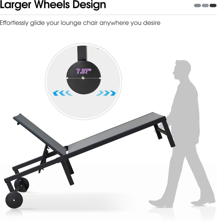 PURPLE LEAF Outdoor Chaise Lounge Chairs Set Recliner Adjustable Chair with Wheels and Table for Poolside Beach Patio Aluminum Reclining Sunbathing Lounger, Grey