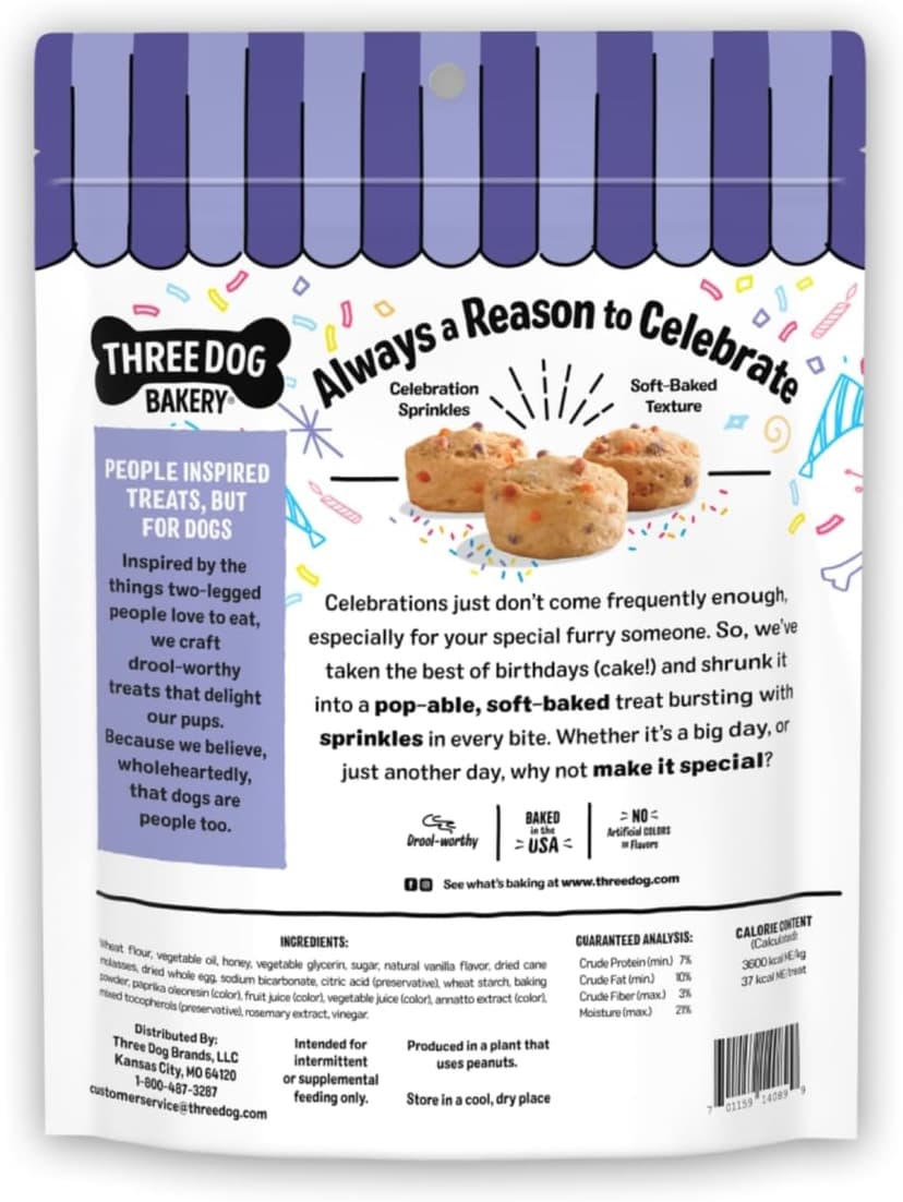Soft Baked Dog Treats - Birthday Vanilla Flavor with Sprinkles Three Dog Bakery Ultimate Celebration Cake Bites for Dogs - 12 oz Bag B0F8R6638K