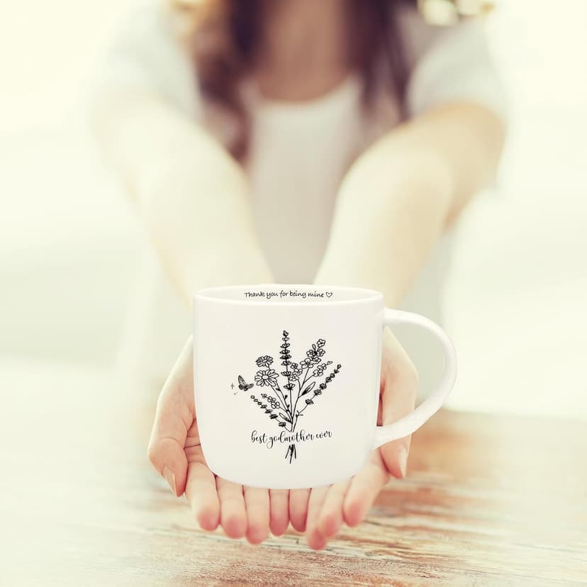 Best Godmother Ever Mug 12 Ounces Ceramic Coffee Cup Floral Beige with Keychain, Gift for Godmother Birthday, Mother’s Day, Christmas from Godchild