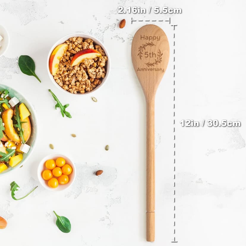 5 Year Anniversary Wood Gifts for Her Him - Happy 5th Wedding Anniversary Spoon Wooden Gifts for Wife Husband Men Couples Marriage, Handmade Engraved Spoon 12×2.2 in