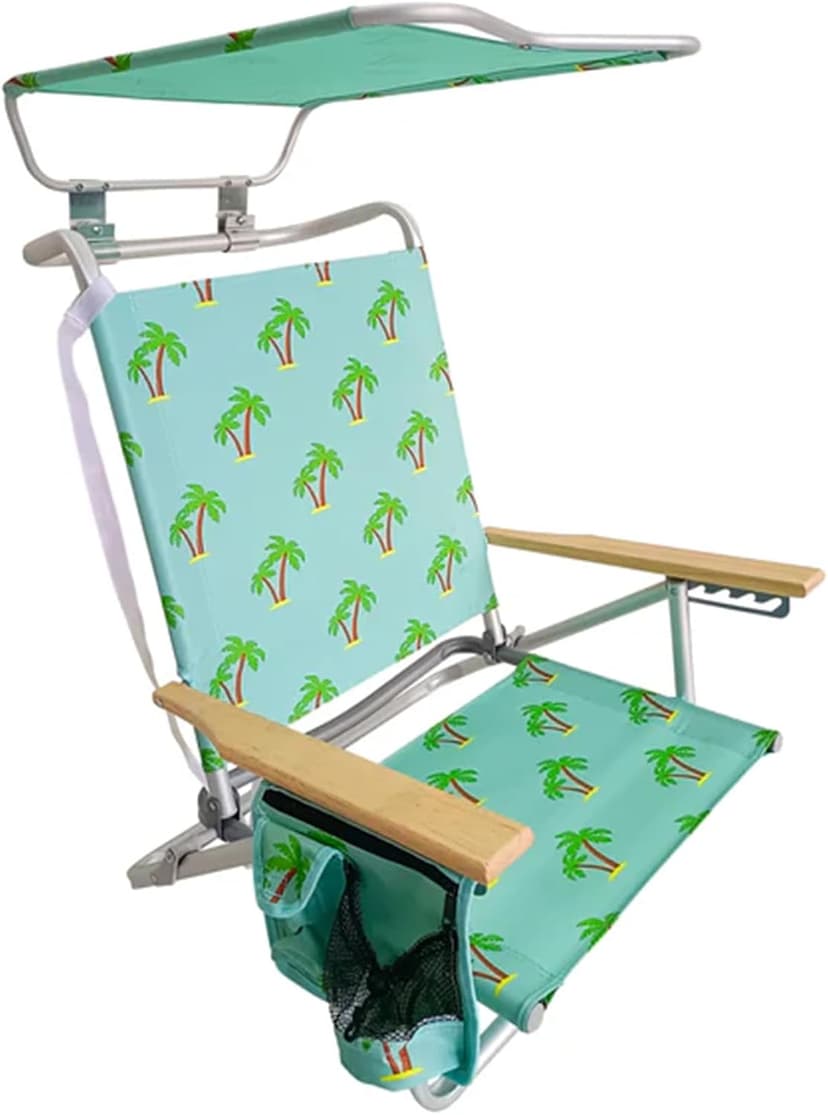 Bliss Hammocks Folding Beach Chair Recliner with Canopy Shade, Palm Tree