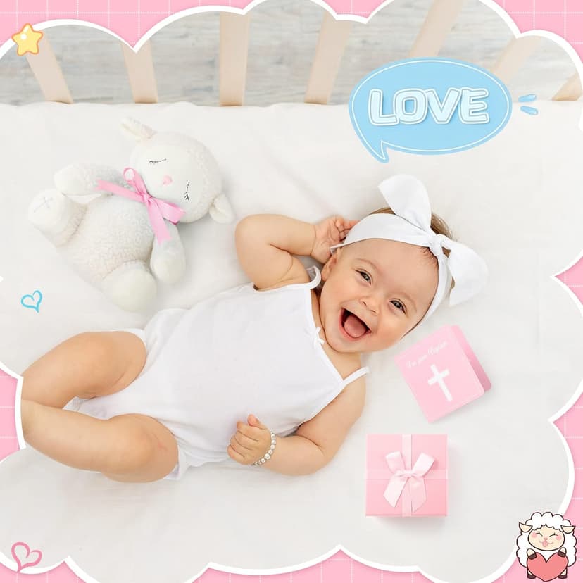 Haull 5 Pcs Christening Baptism Gifts Charms for Girls Granddaughter/Daughter Include 8.5 Inch Plush Lamb Toy Doll Pray Card with Gift Box Baptism Pearls Bracelet with Keepsake Box for Baby Shower