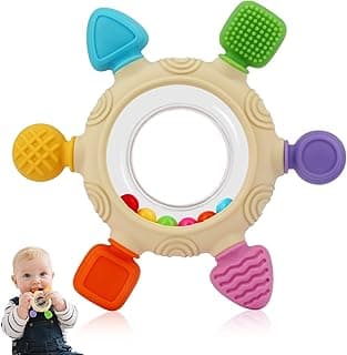 VTECHOLOGY Baby Teething Rings Toys for 0-6 6-12 Months Baby Rattle Teether Sensory Toys for Babies 0-24Months Silicone Teether Relief Chew Soothing Sore Gums for Newborn Infant Essentials BPA Free