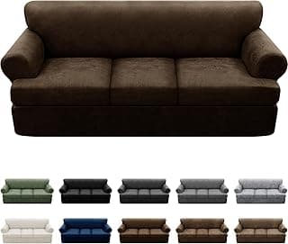 Pfrstuv 4-Piece T Couch Cover - Leather Look Slipcovers for 3 Cushion Sofa, Washable, Coffee