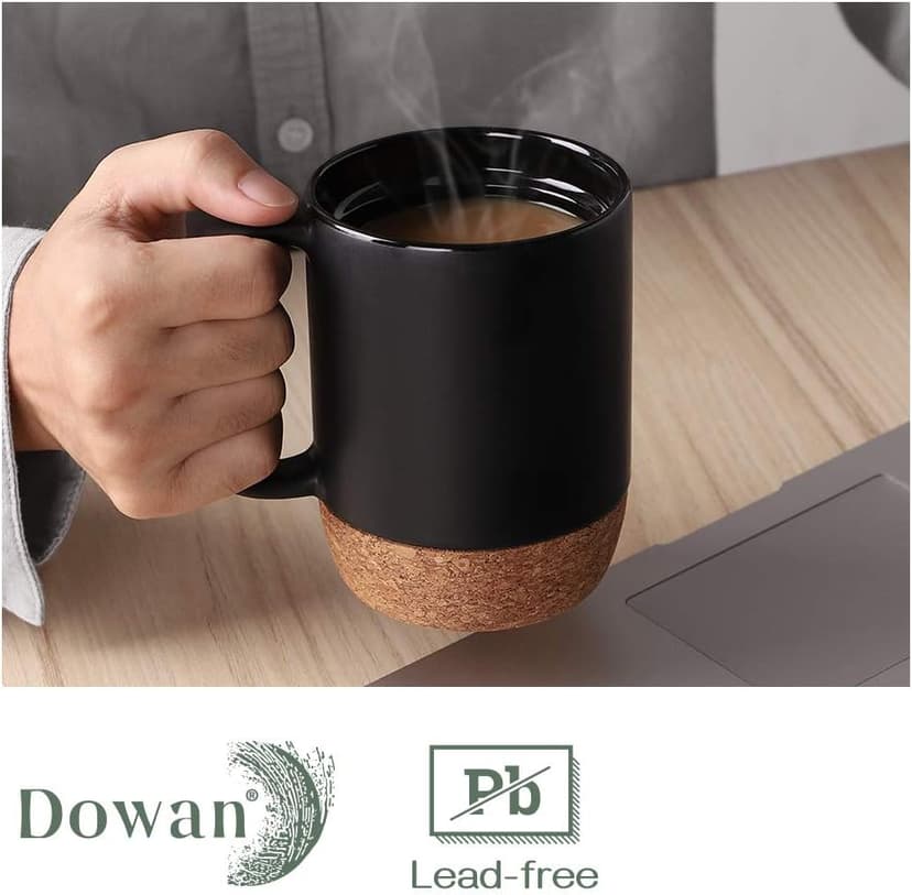 DOWAN Coffee Mugs, 15 oz Mug Set of 2, Large Ceramic Coffee Mug with Cork Bottom and Spill Proof Lid for Mom Dad, Big Mug for Latte Tea, Matte Grey