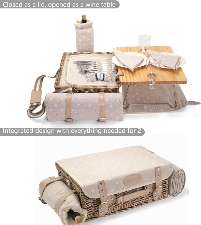 Multifunctional Wicker Picnic Basket Set for 2 with Blanket and Picnic Table, Insulated Picnic Set with Full Tablewares for Camping Outdoor Couples, Flowers B0D4Q11DMV