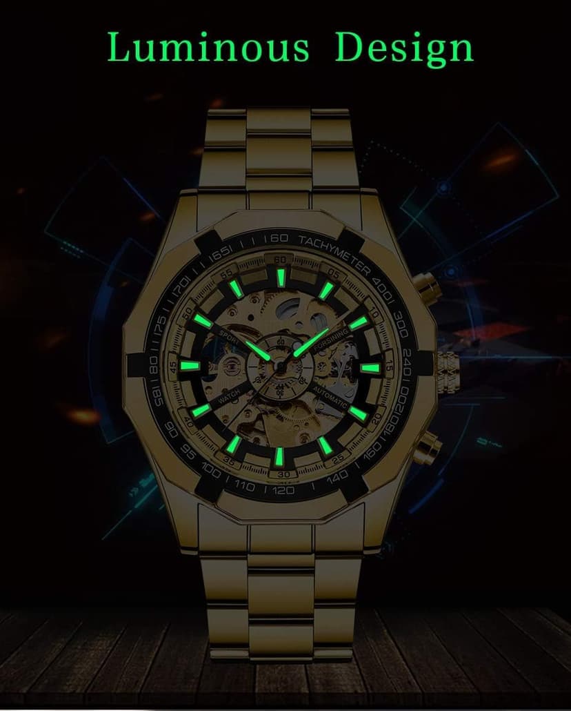 FANMIS Classic Mens Skeleton Automatic Mechanical Watches Luxury Carving Flower Craft Watch with Stainless Steel Waterproof Bracelet Wrist Watch