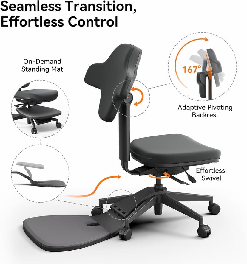 Newtral Standing Mate Chair, 5-in-1 Ergonomic Office Chair for Standing Desk, Sit Stand Lean Perch Saddle Stool with Flip Backrest & Dynamic Posture Support, Height Adjustable Active Chair