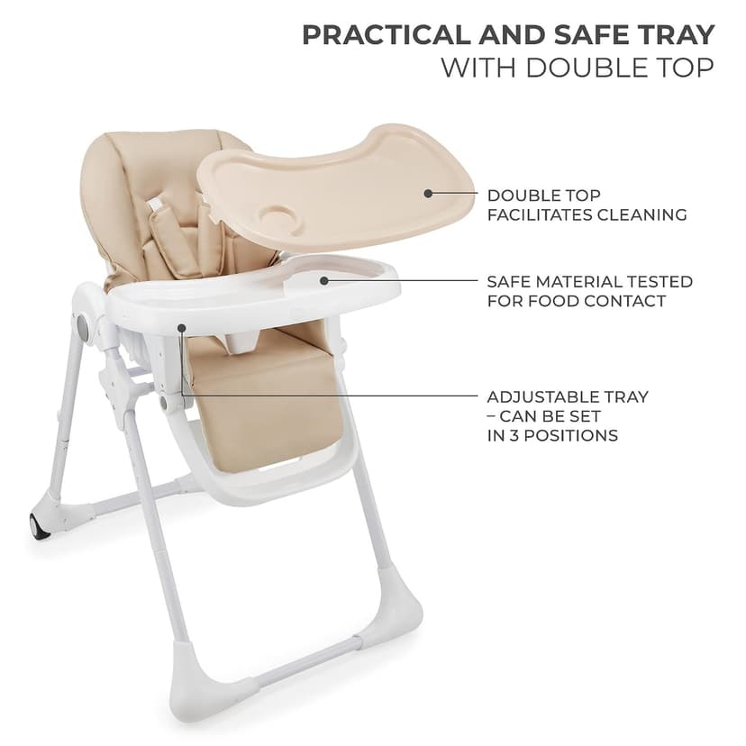 Kinderkraft Tummie, 2-in-1 high Chair, Baby Chair, Ergonomic, Comfortable, Reclining, Foldable, with Ajustable Height, Footrest, Detachable Tray, for Toddler, with Toys, Beige