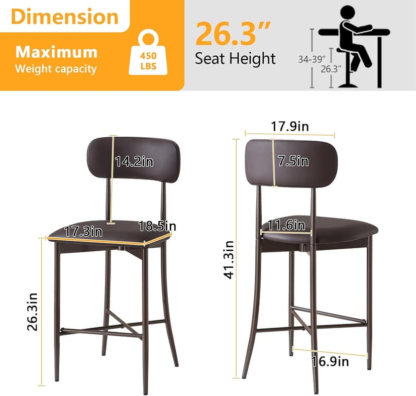 26.3 Inch Counter Height Bar Stools, Modern Counte Stools with Backrest,Counter Height Chairs with Leather Seat, Sturdy Frame and Footrests for Kitchen Island, Dining Room, Counter,Dark Gray