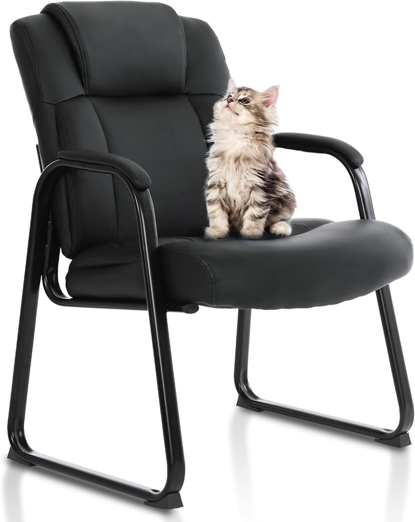 CLATINA Big and Tall Office Chair 500lbs Leather Reception Chair with Bonded Padded Armrest Wide Seat Sled Base Desk Chair No Wheels for Reception Conference Waiting Room Side Office Home, Black
