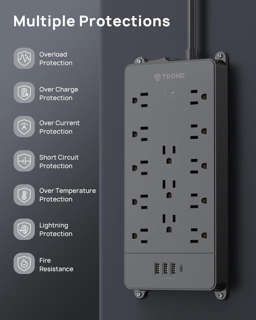 TROND Surge Protector Power Strip, 4000 Joules, ETL Listed, 13 Widely-Spaced Outlets Expansion with USB C Ports, Low-Profile Flat Plug, Wall Mountable, 5ft Extension Cord, 14AWG Heavy Duty, Black