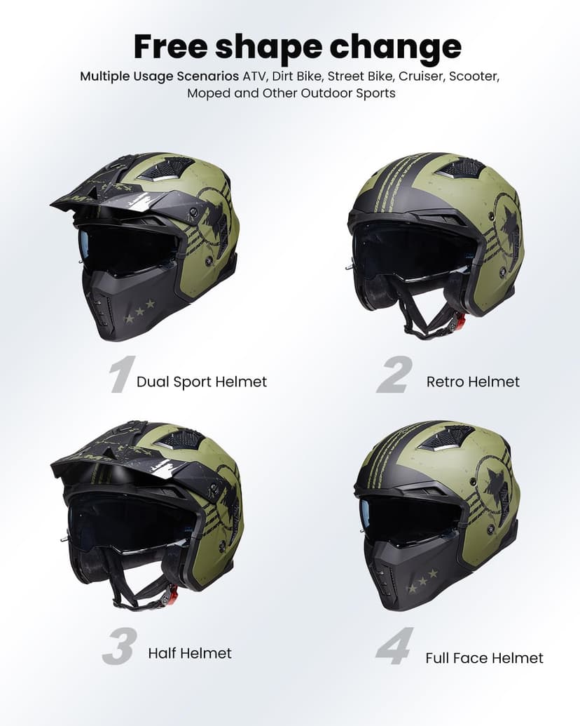 ILM Open Face Motorcycle 3/4 Half Helmet for Men and Women, Vintage Retro Helmet with Visor for Moped ATV Cruiser Scooter DOT Model Z302(Army Green,X-Large)