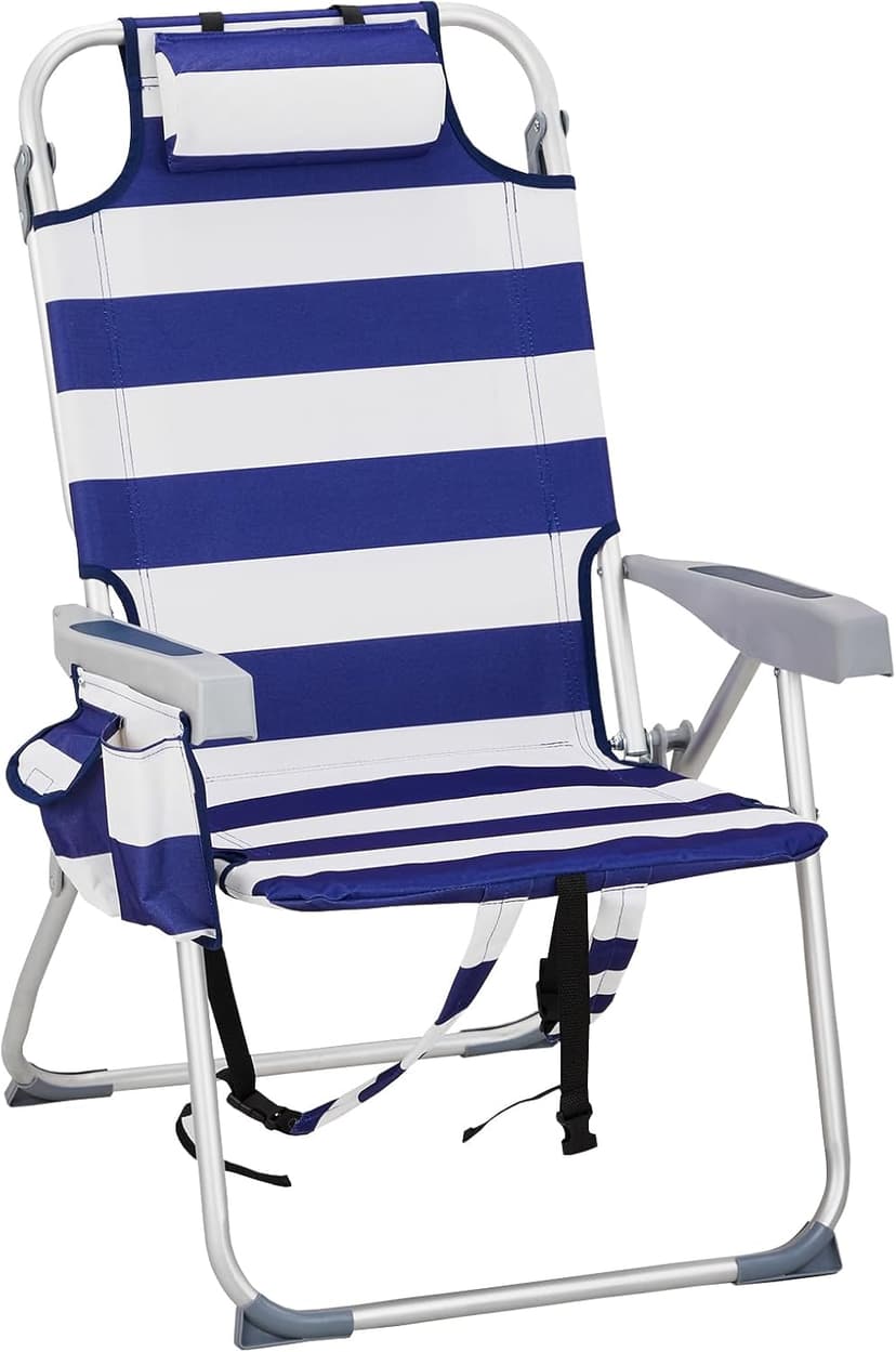 VINGLI Aluminum Backpack Beach Chair for Adults, Portable Lightweight Reclining Beach Chair with Headrest & Side Pocket, Lay Flat Beach Chair with 5 Positions for Outdoor Lawn/Fishing/Pool Lounge