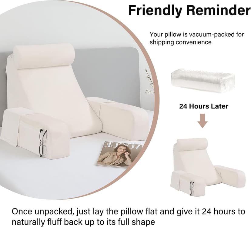 ENITYA 19" Back Pillow for Bed Sitting up, Big Pockets and Washable Removable Cover, Reading Chair for Watching TV/Reading/Gaming/Resting in Bed, Couch or Floor, Medium(Ivory)