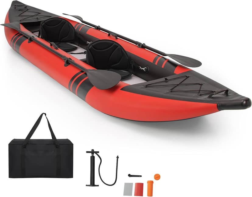 GYMAX Inflatable Kayak, 12.5Ft 507lbs Tandem Kayak with 2 Aluminum Paddles, 2 Padded Seats, Footrests, 2 Fins, Hand Pump, Carry Bag & Repair Kit, 2 Person Fishing Touring Kayak for Adults