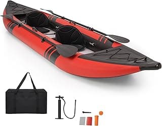 GYMAX Inflatable Kayak, 12.5Ft 507lbs Tandem Kayak with 2 Aluminum Paddles, 2 Padded Seats, Footrests, 2 Fins, Hand Pump, Carry Bag & Repair Kit, 2 Person Fishing Touring Kayak for Adults