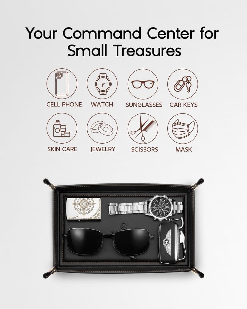 Travel Valet Tray for Keys, Wallet, Watch, Phone and Glasses, Nightstand Dresser Desk Entryway Organizer for Men and Women VLANDO Valet Tray for Men, Foldable PU Leather Catchall Tray, Black B0H5VHQ9Q9