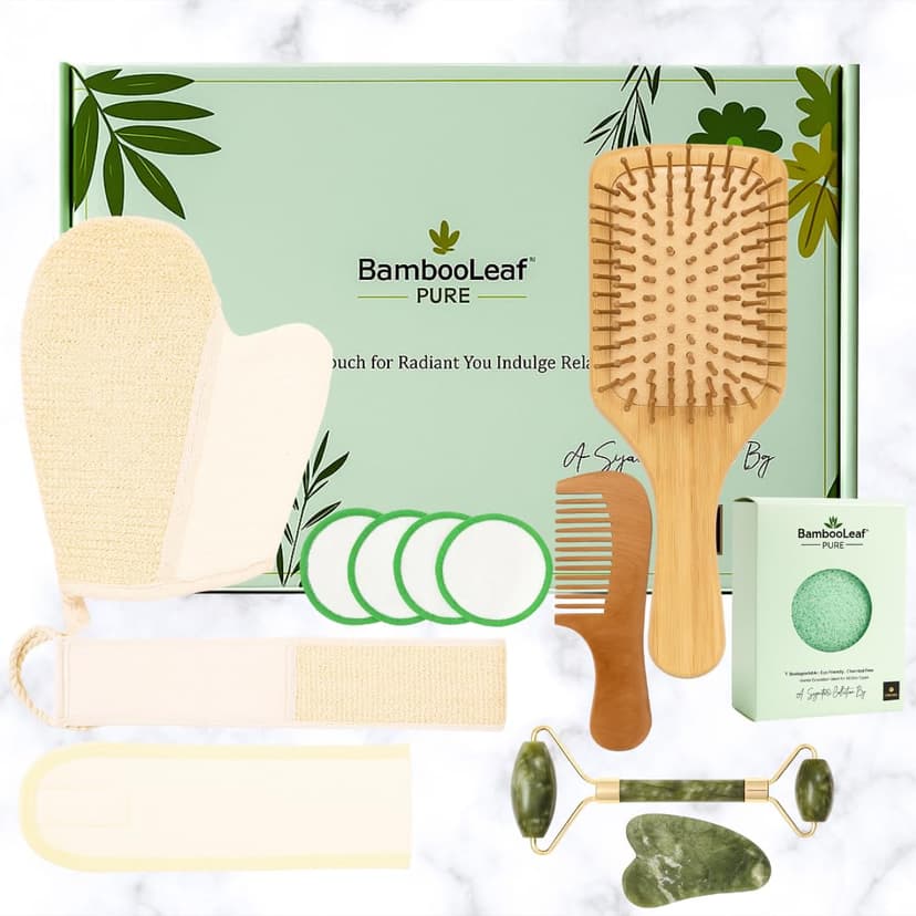 Self Care Natural Unique Organic Spa Set for Women – Eco Friendly Gift Box with Bamboo Comb, Jade Roller, Facial Sponge, Makeup Remover Pads, Headband & Bath Glove – Birthday, Relaxation Kit