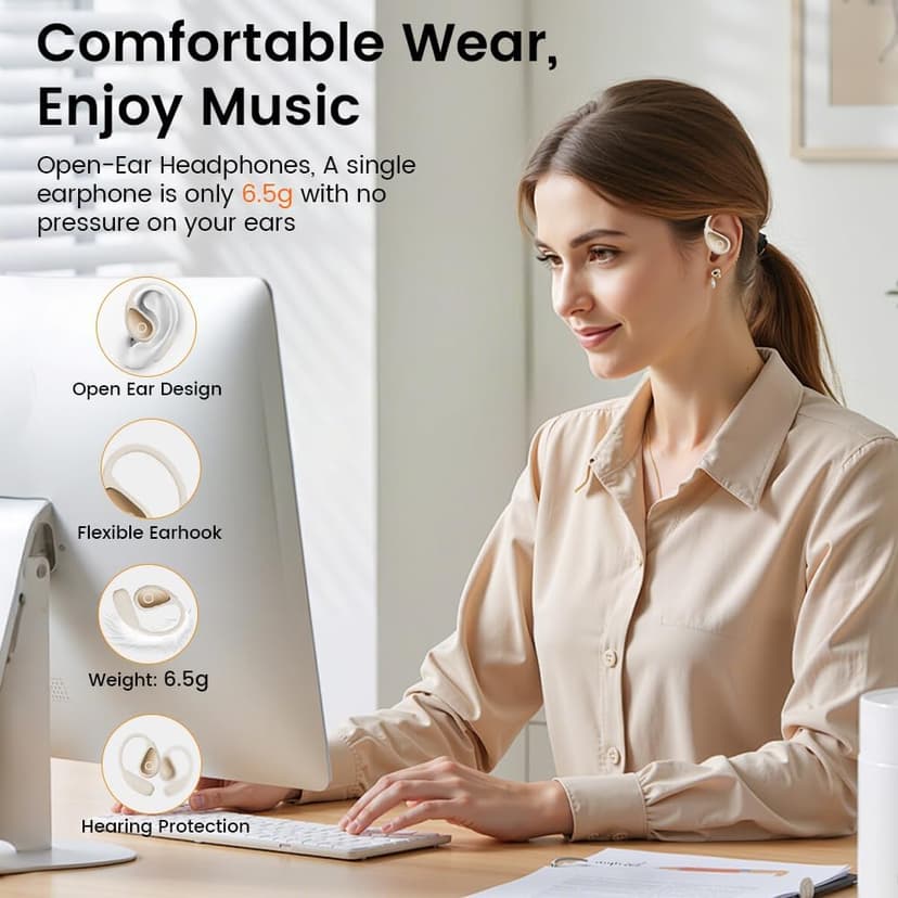 Open Ear Earbuds wireless bluetooth Headphones 5.4 Sports with Smart Digital Display,Clear Calls,50H Playtime,IPX4 Waterproof,Lightweight Over Ear Buds Design for Cycling, Running, Workout(Beige)