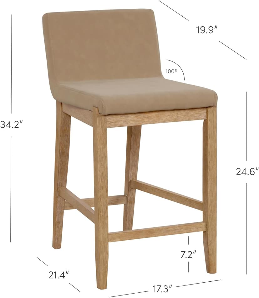 Nathan James Gracie Modern Counter Height Bar Stool with Back, Counter Stool Upholstered Chair with PU Leather and Brushed Wooden Legs, Light Brown, Set of 4