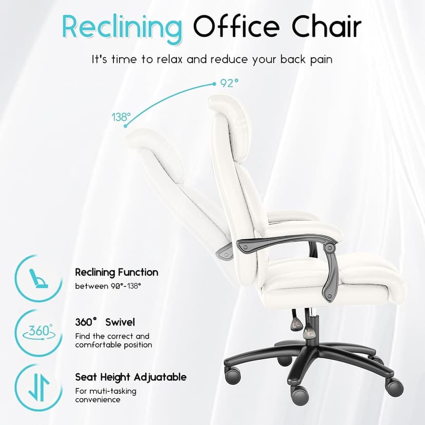 Ollega Reclining Office Chair, Executive Big and Tall Office Chair with Wide Seat, Recliner Leather High Back Computer Desk Chairs (White)