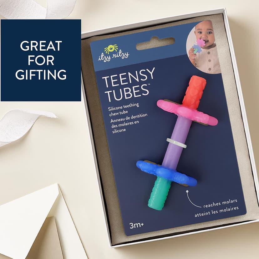 Itzy Ritzy Teensy Tube Teether – Textured Hollow Baby Teething Tube That Reaches Front Teeth & Back Molars, Made of Soft Silicone (Pink Rainbow)
