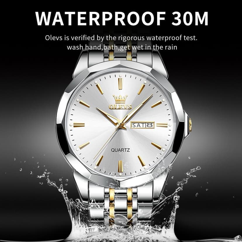 OLEVS Watch for Men Diamond Business Dress Analog Quartz Stainless Steel Waterproof Luminous Date Two Tone Luxury Casual Wrist Watch Blue